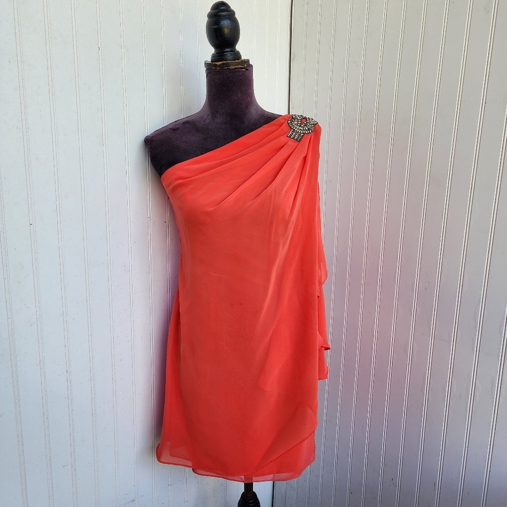CACHE Womens One Shoulder Flowy Dress Orange Ruffle Jewel Sz 0